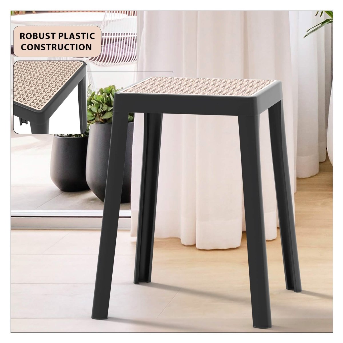Tresse Mid - Century Modern Stackable Square Plastic Dining Stool with Wicker Top