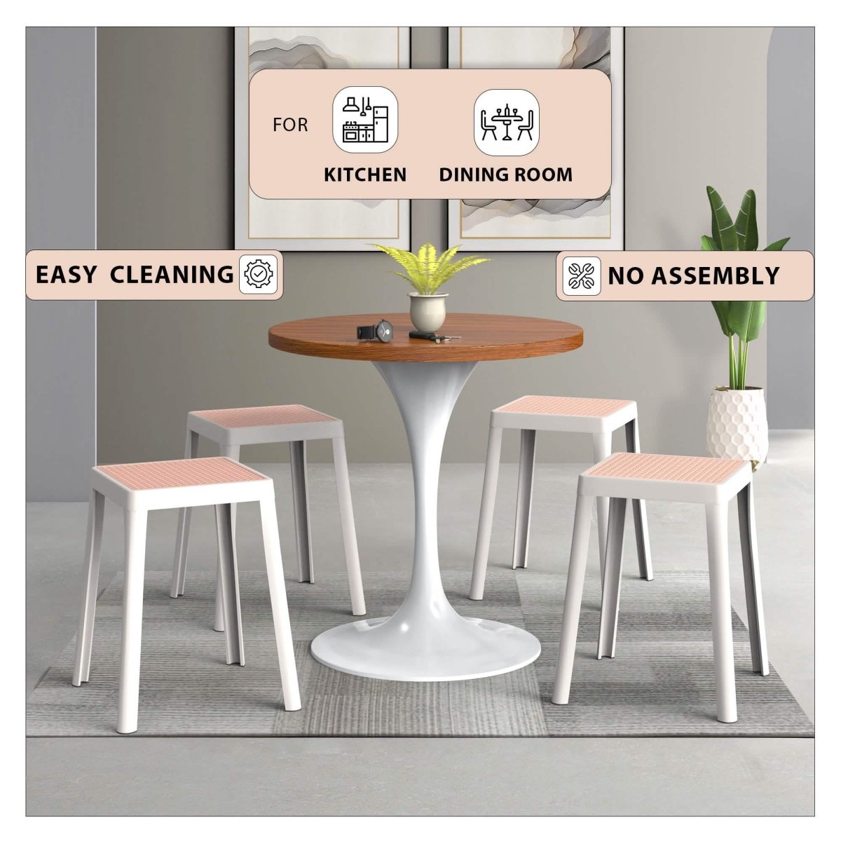 Tresse Mid - Century Modern Stackable Square Plastic Dining Stool with Wicker Top