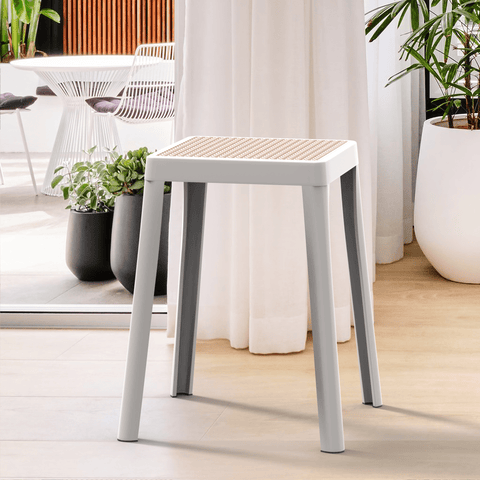 Tresse Mid-Century Modern Stackable Square Plastic Dining Stool with Wicker Top