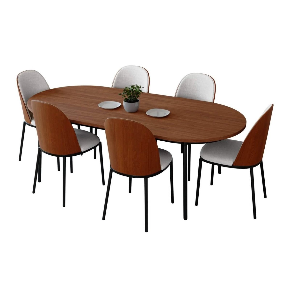Tule 7-Piece Dining Set: Steel Frame, 6 Upholstered Chairs, 71'' Oval MDF Tabletop Walnut White Dining Set Leisuremod