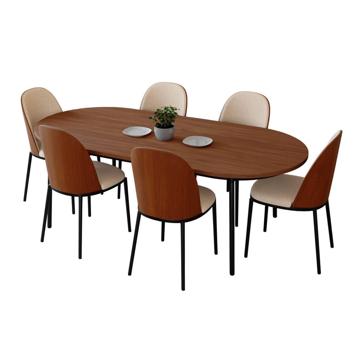 Tule 7-Piece Dining Set: Steel Frame, 6 Upholstered Chairs, 71'' Oval MDF Tabletop Walnut Light Brown Dining Set Leisuremod