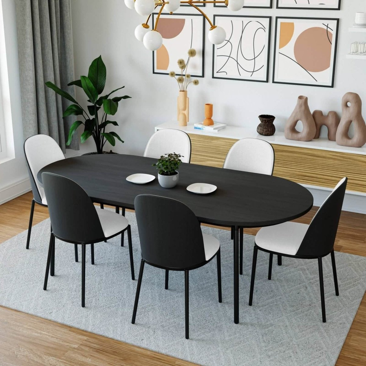 Tule 7-Piece Dining Set: Steel Frame, 6 Upholstered Chairs, 71'' Oval MDF Tabletop Black and White Dining Set Leisuremod
