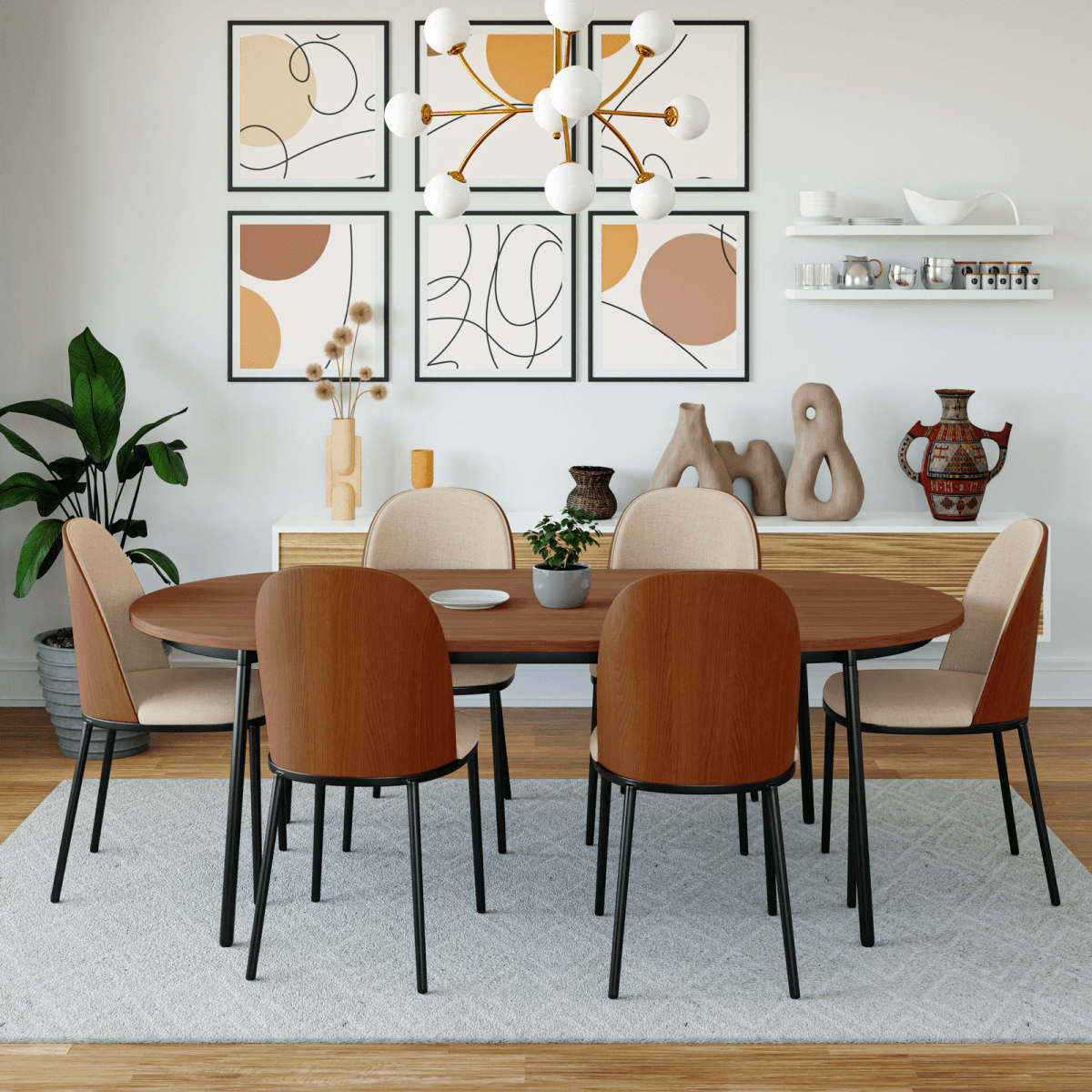 Tule 7-Piece Dining Set: Steel Frame, 6 Upholstered Chairs, 71'' Oval MDF Tabletop Black Platinum Blue Dining Set Leisuremod