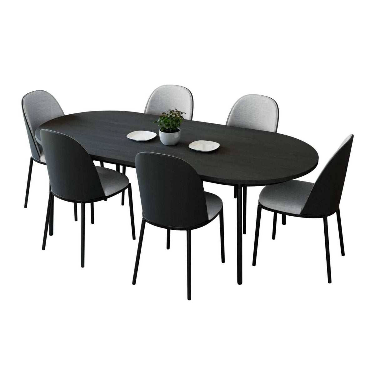 Tule 7-Piece Dining Set: Steel Frame, 6 Upholstered Chairs, 71'' Oval MDF Tabletop Black Platinum Blue Dining Set Leisuremod