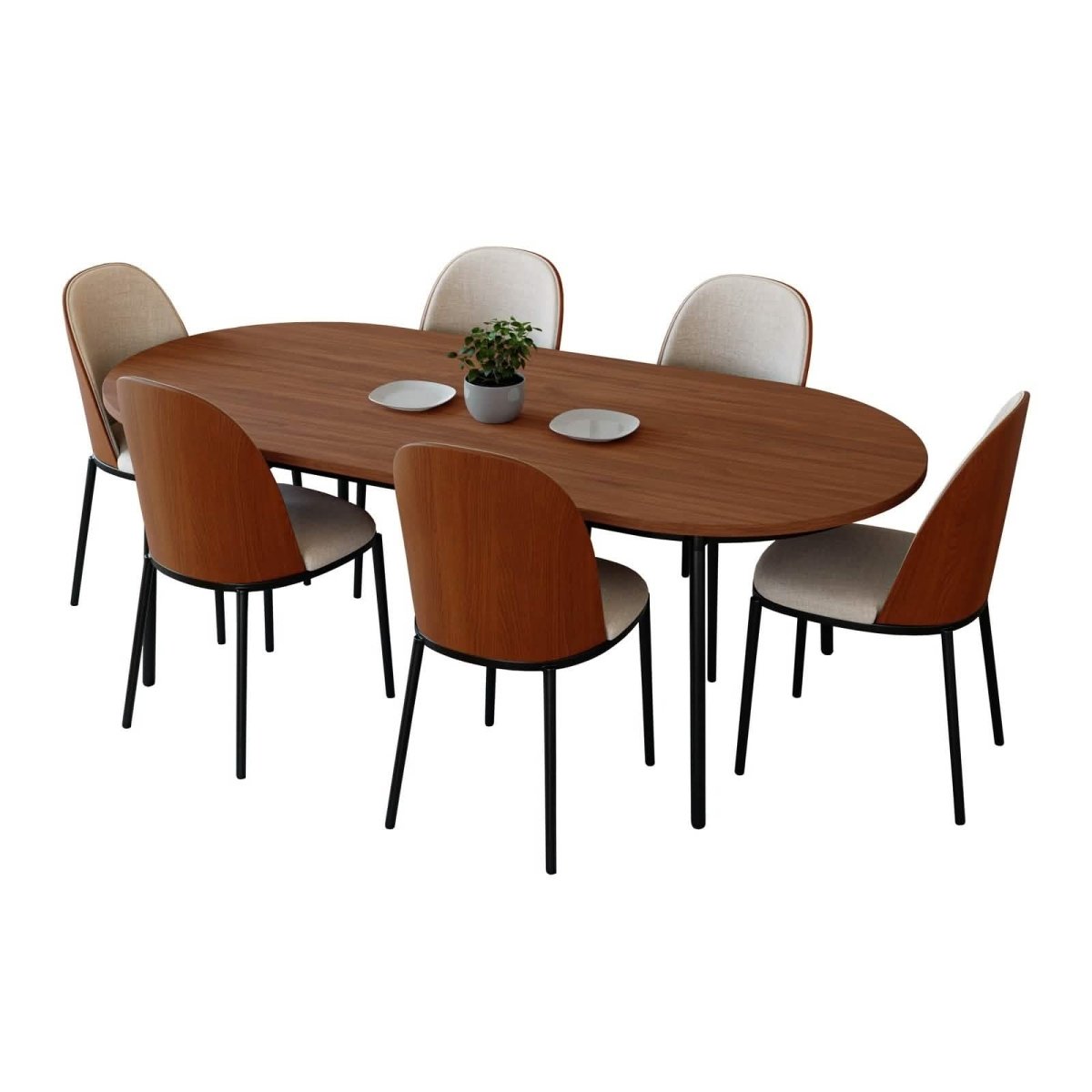 Tule 7-Piece Dining Set: Steel Frame, 6 Upholstered Chairs, 71'' Oval MDF Tabletop Black Platinum Blue Dining Set Leisuremod