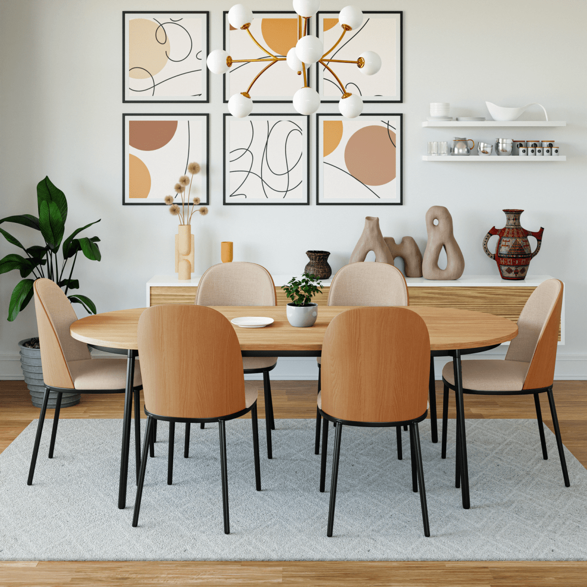 Tule 7-Piece Dining Set: Steel Frame, 6 Upholstered Chairs, 71'' Oval MDF Tabletop Black Platinum Blue Dining Set Leisuremod
