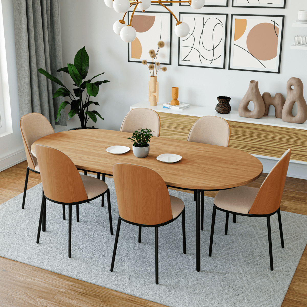 Tule 7-Piece Dining Set: Steel Frame, 6 Upholstered Chairs, 71'' Oval MDF Tabletop Black Platinum Blue Dining Set Leisuremod