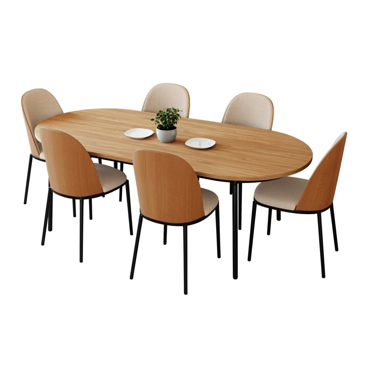 Tule 7-Piece Dining Set: Steel Frame, 6 Upholstered Chairs, 71'' Oval MDF Tabletop Black Platinum Blue Dining Set Leisuremod