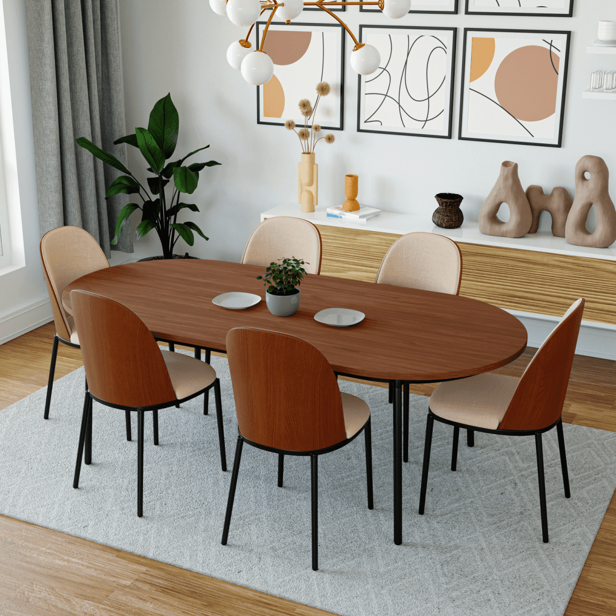 Tule 7-Piece Dining Set: Steel Frame, 6 Upholstered Chairs, 71'' Oval MDF Tabletop Black Platinum Blue Dining Set Leisuremod