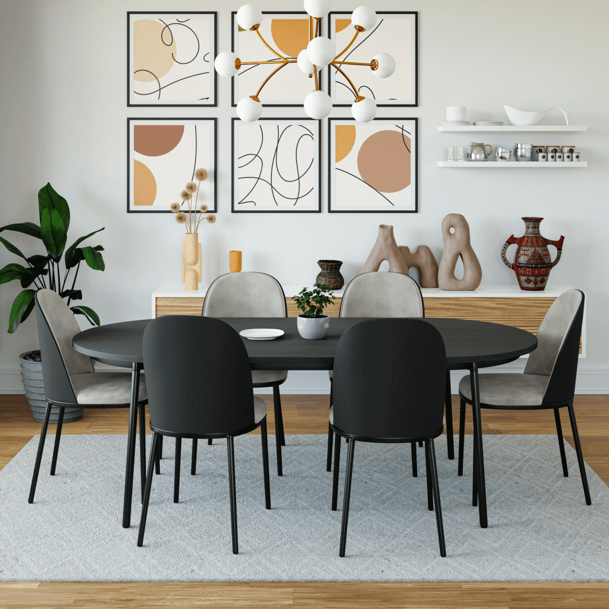 Tule 7-Piece Dining Set: Steel Frame, 6 Upholstered Chairs, 71'' Oval MDF Tabletop Black Platinum Blue Dining Set Leisuremod
