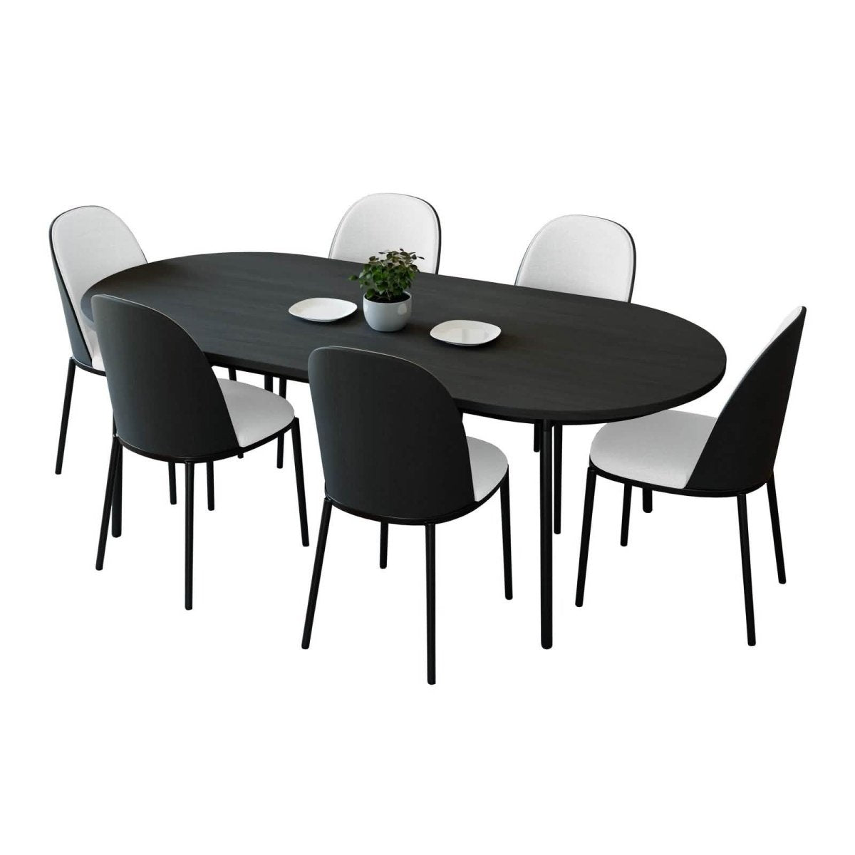 Tule 7-Piece Dining Set: Steel Frame, 6 Upholstered Chairs, 71'' Oval MDF Tabletop Black Platinum Blue Dining Set Leisuremod