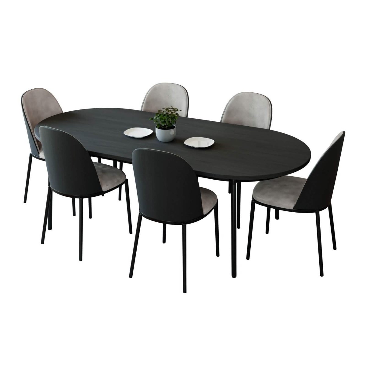 Tule 7-Piece Dining Set: Steel Frame, 6 Upholstered Chairs, 71'' Oval MDF Tabletop Black Platinum Blue Dining Set Leisuremod