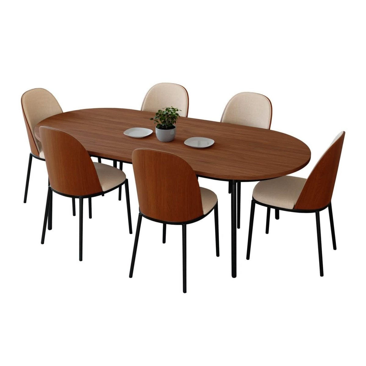 Tule 7-Piece Dining Set: Steel Frame, 6 Upholstered Chairs, 71'' Oval MDF Tabletop Black Platinum Blue Dining Set Leisuremod