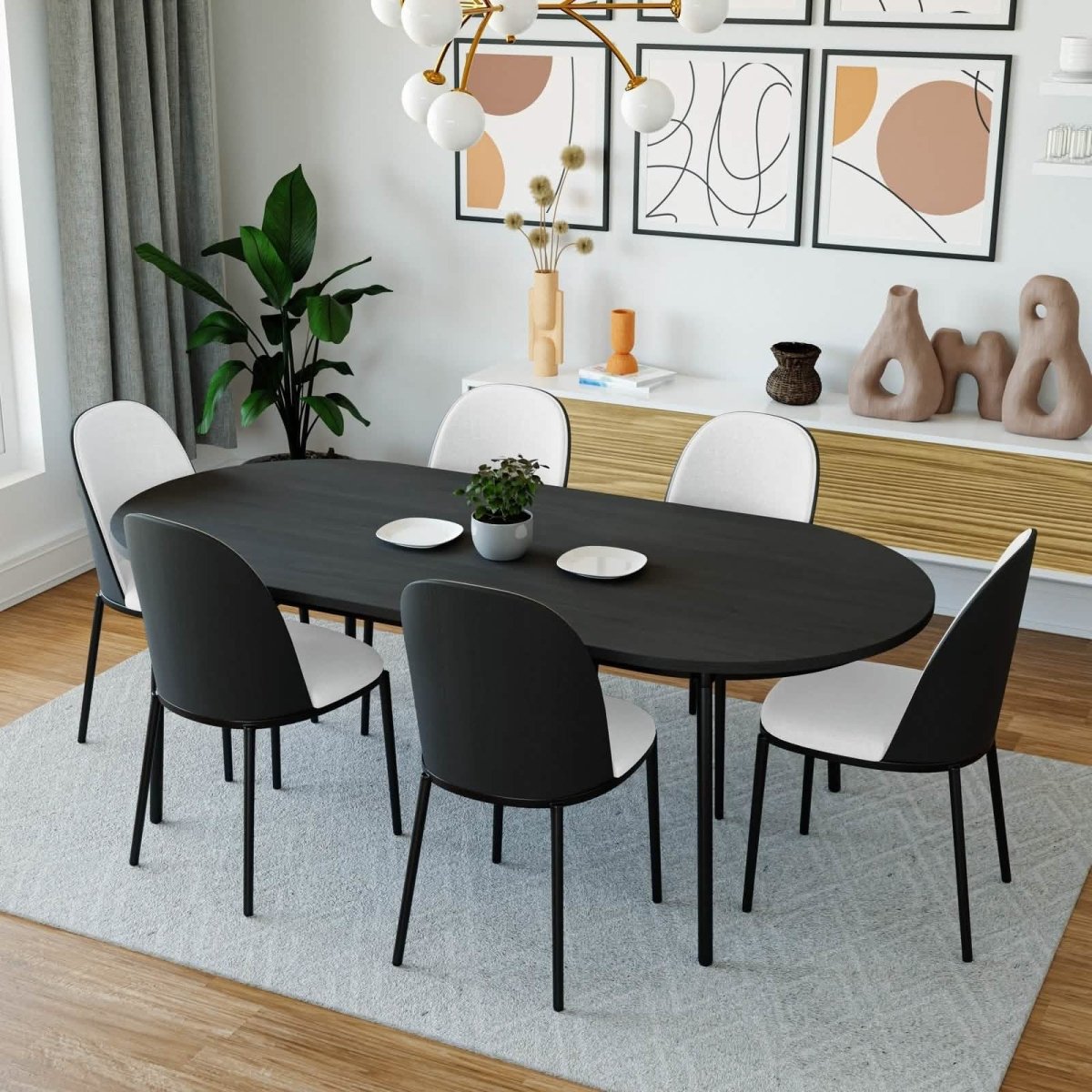 Tule 7-Piece Dining Set: Steel Frame, 6 Upholstered Chairs, 71'' Oval MDF Tabletop Black Platinum Blue Dining Set Leisuremod