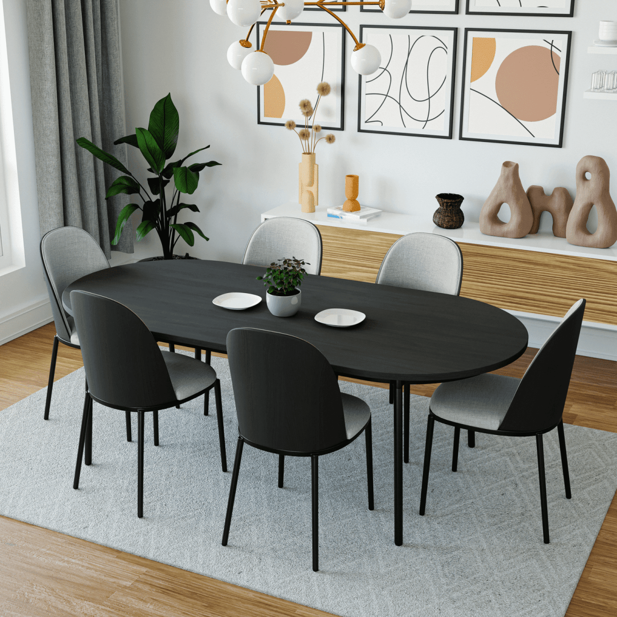 Tule 7-Piece Dining Set: Steel Frame, 6 Upholstered Chairs, 71'' Oval MDF Tabletop Black Platinum Blue Dining Set Leisuremod