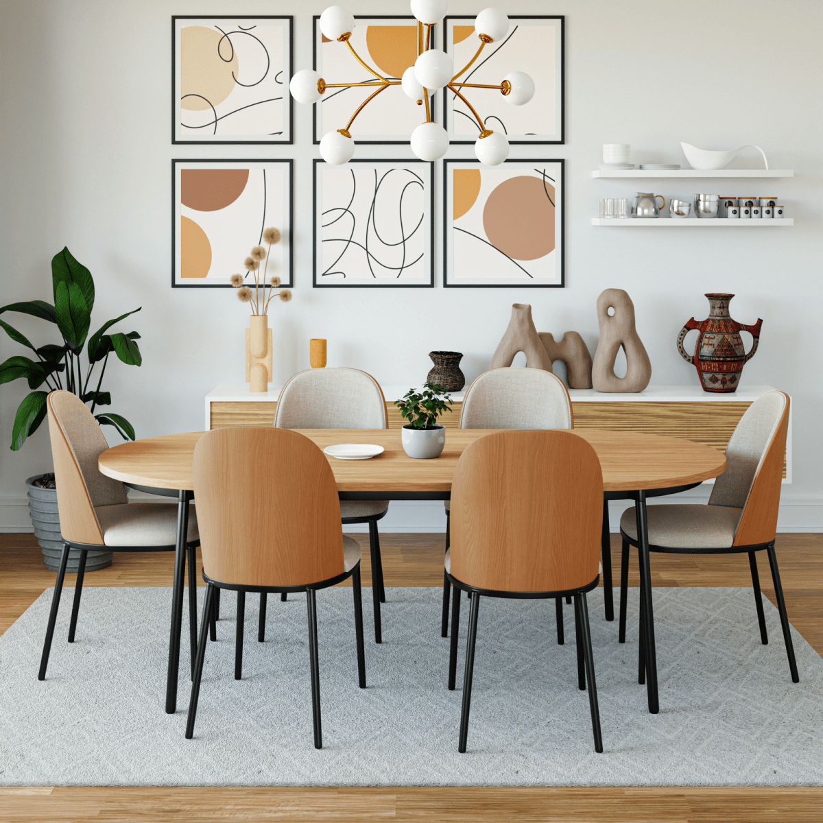 Tule 7-Piece Dining Set: Steel Frame, 6 Upholstered Chairs, 71'' Oval MDF Tabletop Black Platinum Blue Dining Set Leisuremod