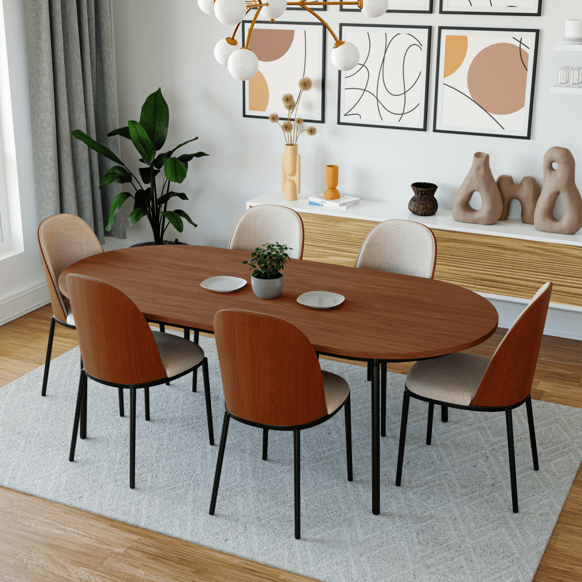 Tule 7-Piece Dining Set: Steel Frame, 6 Upholstered Chairs, 71'' Oval MDF Tabletop Black Platinum Blue Dining Set Leisuremod