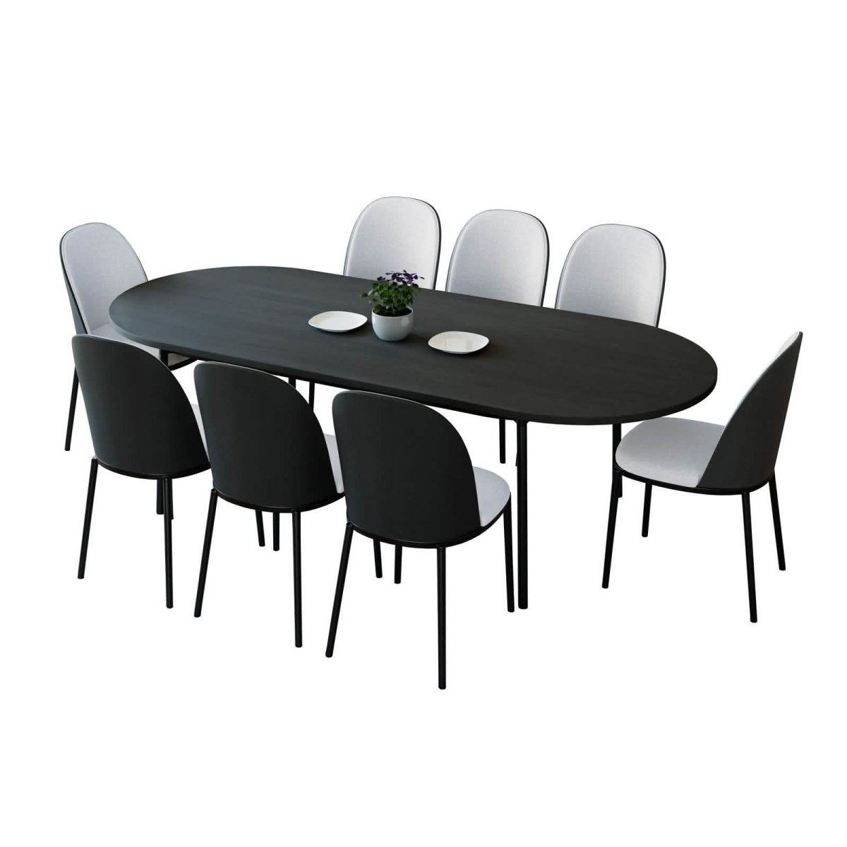 Tule 9 - Piece Dining Set in Steel with 8 Upholstered Seat Dining Chairs and 83" Oval Dining Table with MDF Tabletop