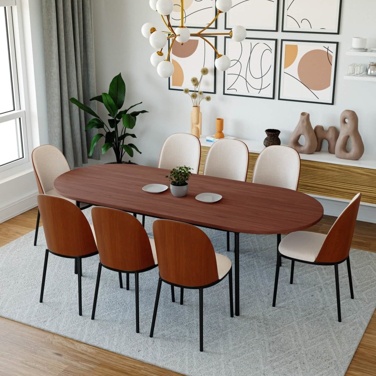 Tule 9 - Piece Dining Set in Steel with 8 Upholstered Seat Dining Chairs and 83" Oval Dining Table with MDF Tabletop