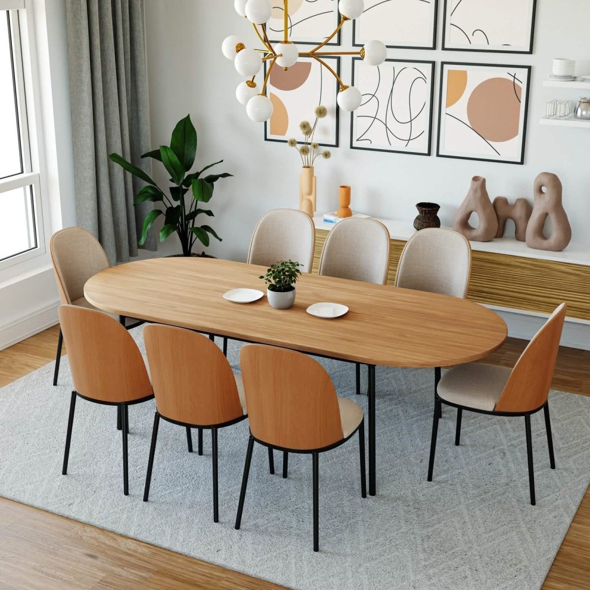 Tule 9 - Piece Dining Set in Steel with 8 Upholstered Seat Dining Chairs and 83" Oval Dining Table with MDF Tabletop