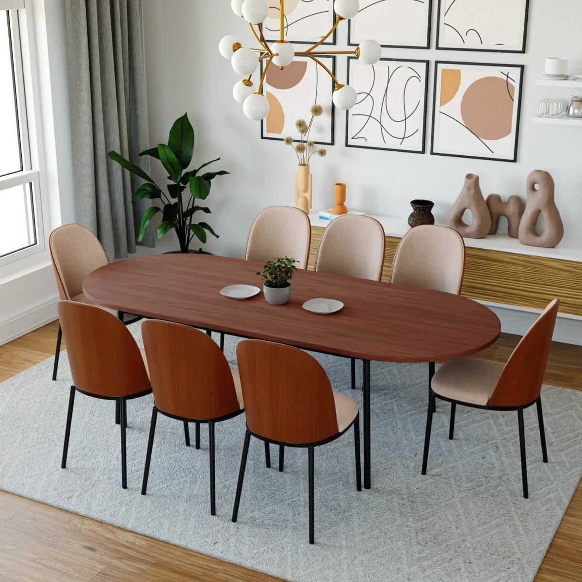 Tule 9 - Piece Dining Set in Steel with 8 Upholstered Seat Dining Chairs and 83" Oval Dining Table with MDF Tabletop