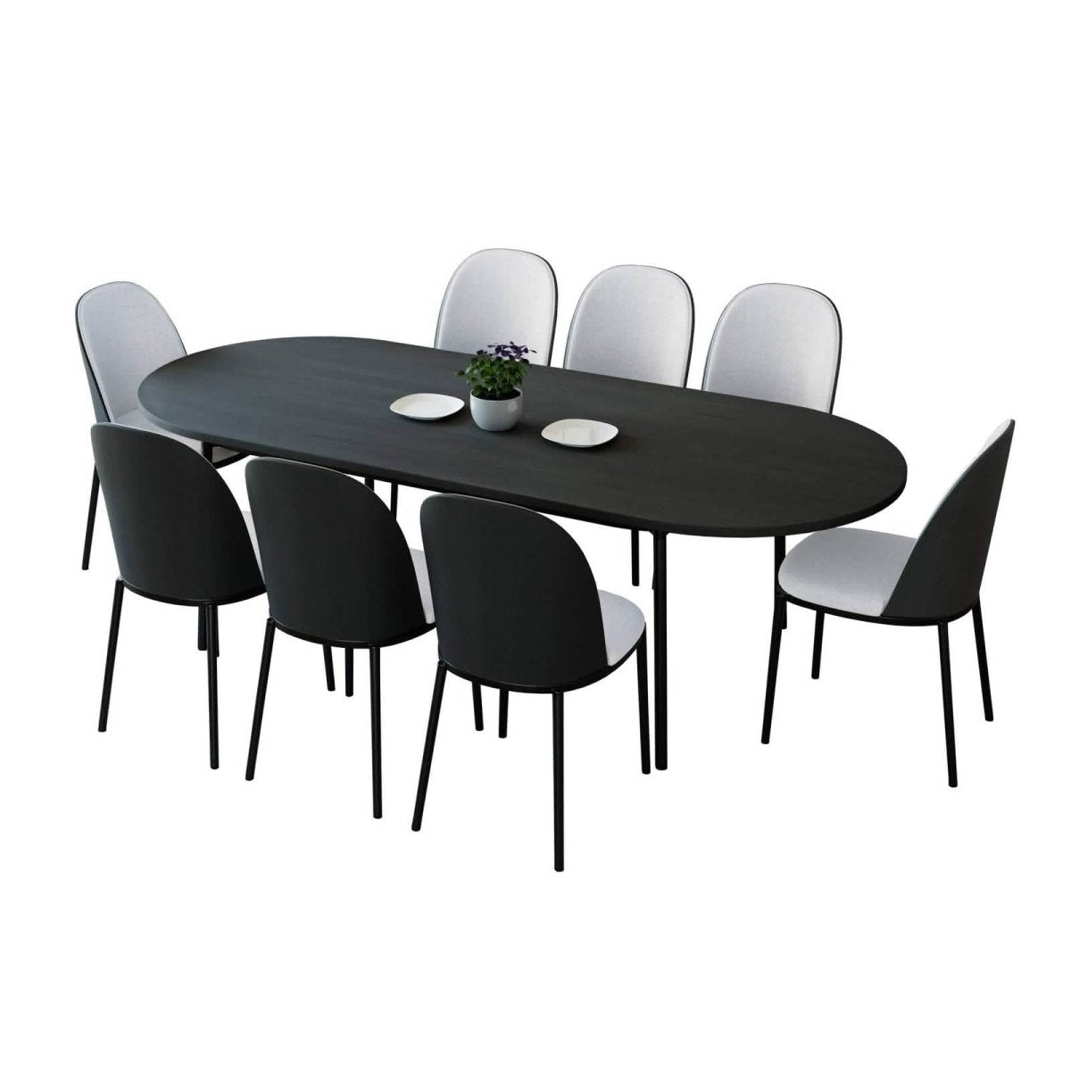 Tule 9 - Piece Dining Set in Steel with 8 Upholstered Seat Dining Chairs and 83" Oval Dining Table with MDF Tabletop