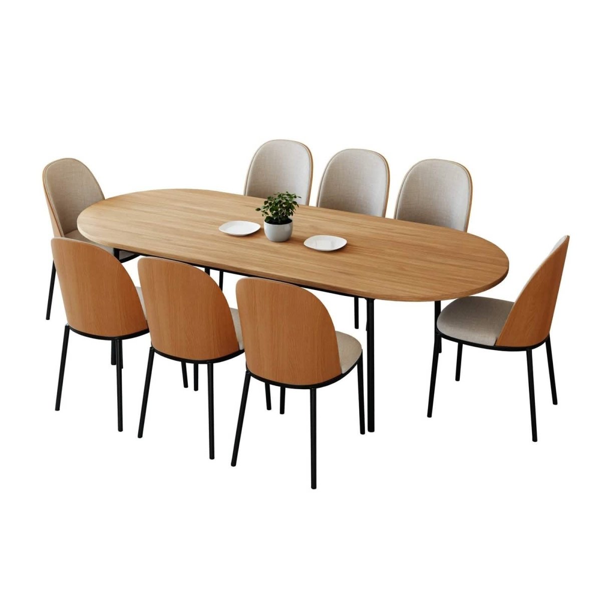 Tule 9 - Piece Dining Set in Steel with 8 Upholstered Seat Dining Chairs and 83" Oval Dining Table with MDF Tabletop