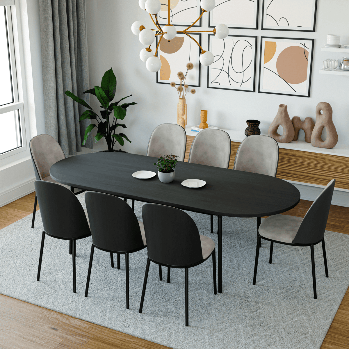 Tule 9 - Piece Dining Set in Steel with 8 Upholstered Seat Dining Chairs and 83" Oval Dining Table with MDF Tabletop
