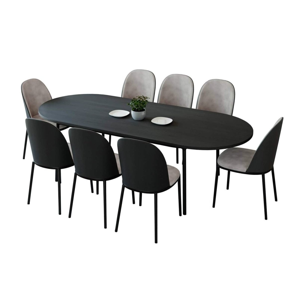 Tule 9 - Piece Dining Set in Steel with 8 Upholstered Seat Dining Chairs and 83" Oval Dining Table with MDF Tabletop