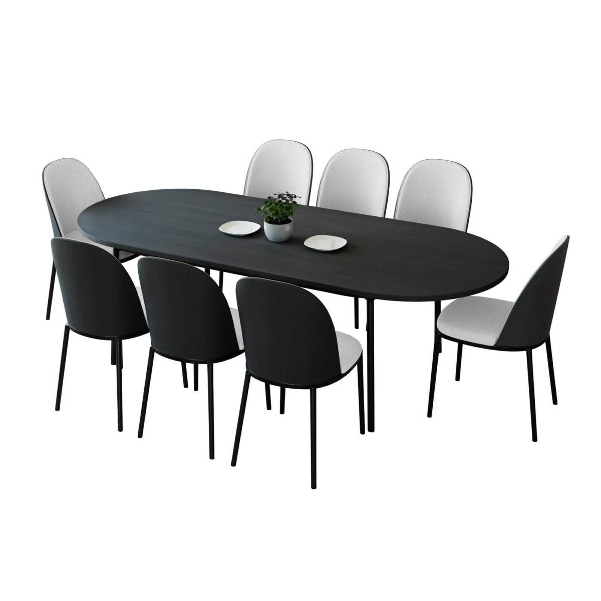Tule 9 - Piece Dining Set in Steel with 8 Upholstered Seat Dining Chairs and 83" Oval Dining Table with MDF Tabletop