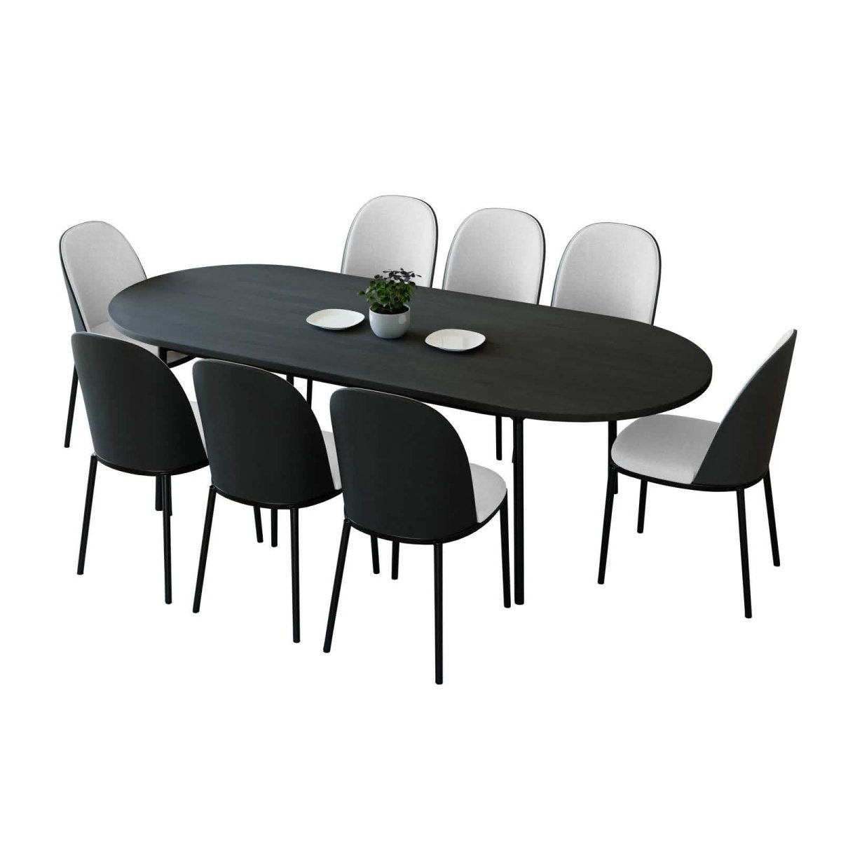 Tule 9 - Piece Dining Set in Steel with 8 Upholstered Seat Dining Chairs and 83" Oval Dining Table with MDF Tabletop