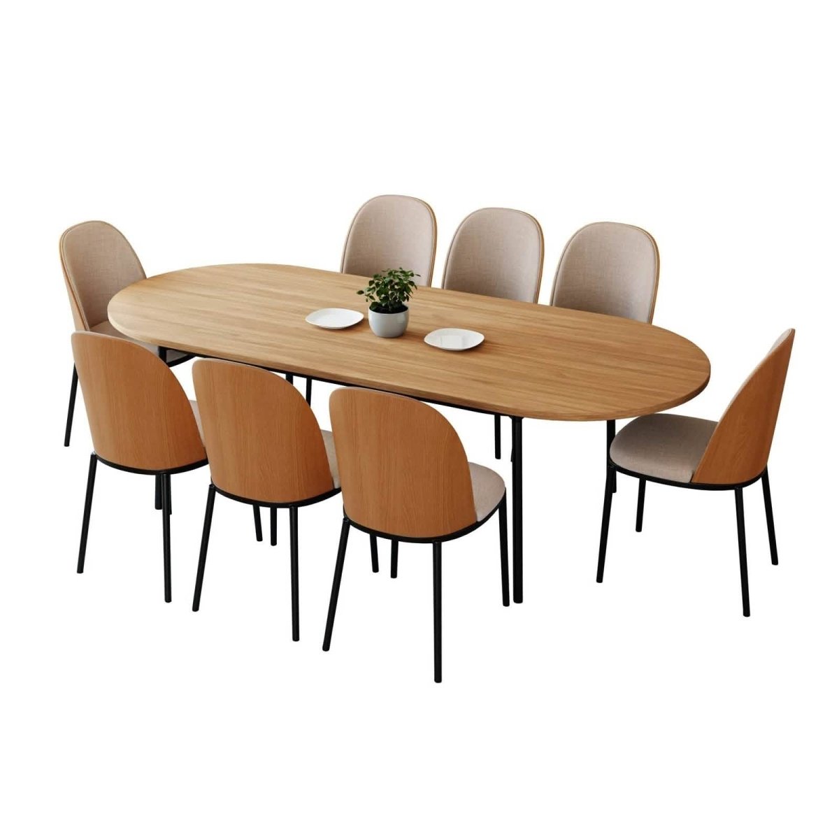 Tule 9 - Piece Dining Set in Steel with 8 Upholstered Seat Dining Chairs and 83" Oval Dining Table with MDF Tabletop