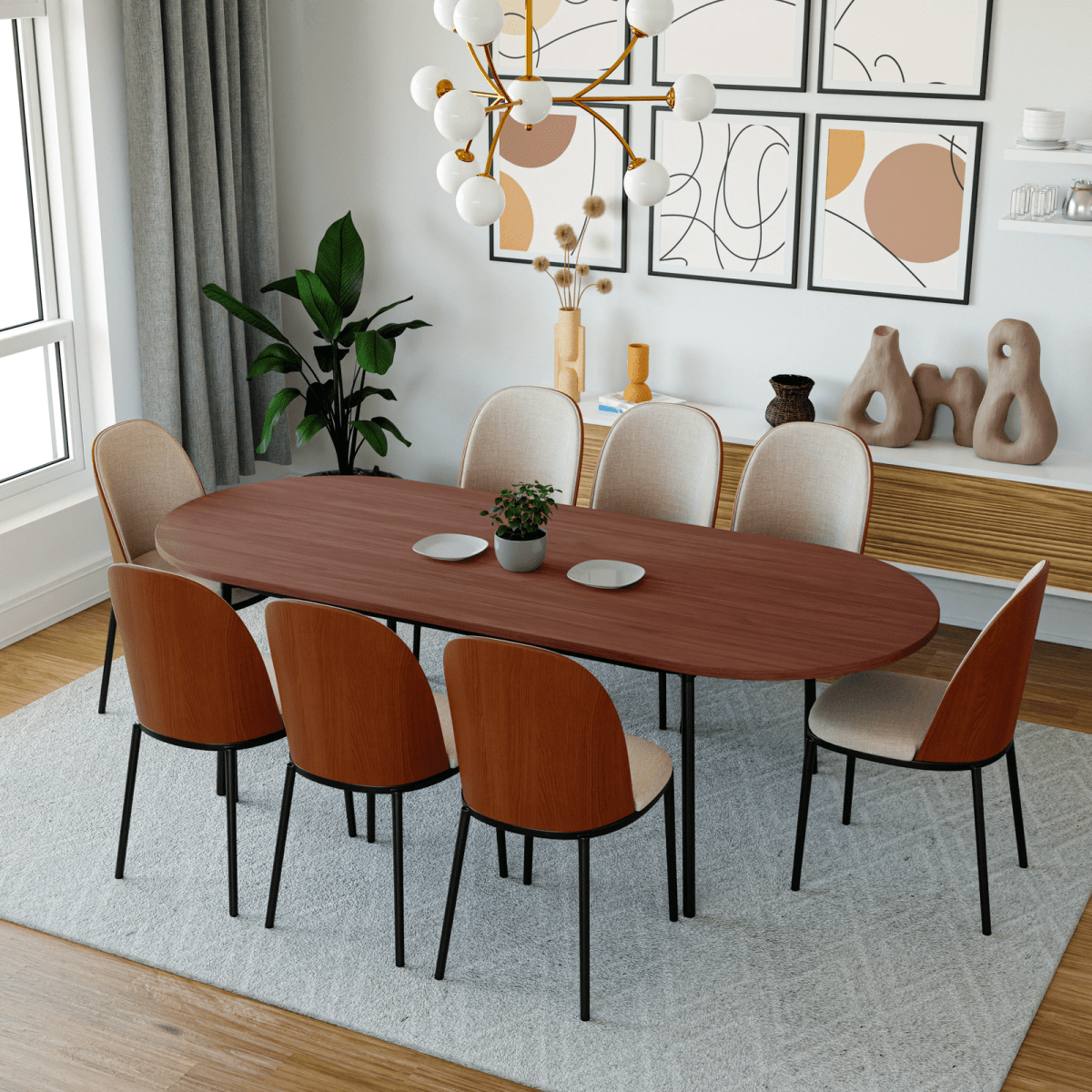 Tule 9 - Piece Dining Set in Steel with 8 Upholstered Seat Dining Chairs and 83" Oval Dining Table with MDF Tabletop