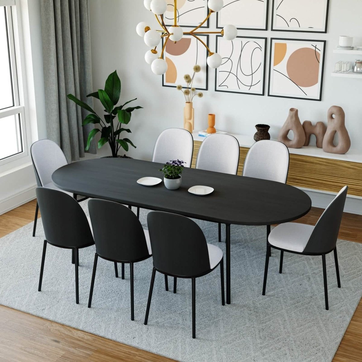 Tule 9 - Piece Dining Set in Steel with 8 Upholstered Seat Dining Chairs and 83" Oval Dining Table with MDF Tabletop
