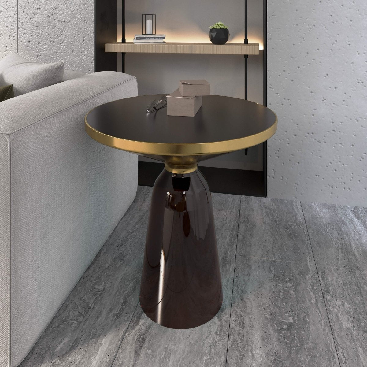 Tully 19 - Inch Round Glass/Stone Side Table with Iron Rim Frame and Glass Base