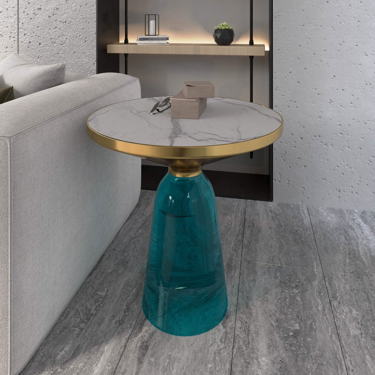 Tully 19 - Inch Round Glass/Stone Side Table with Iron Rim Frame and Glass Base
