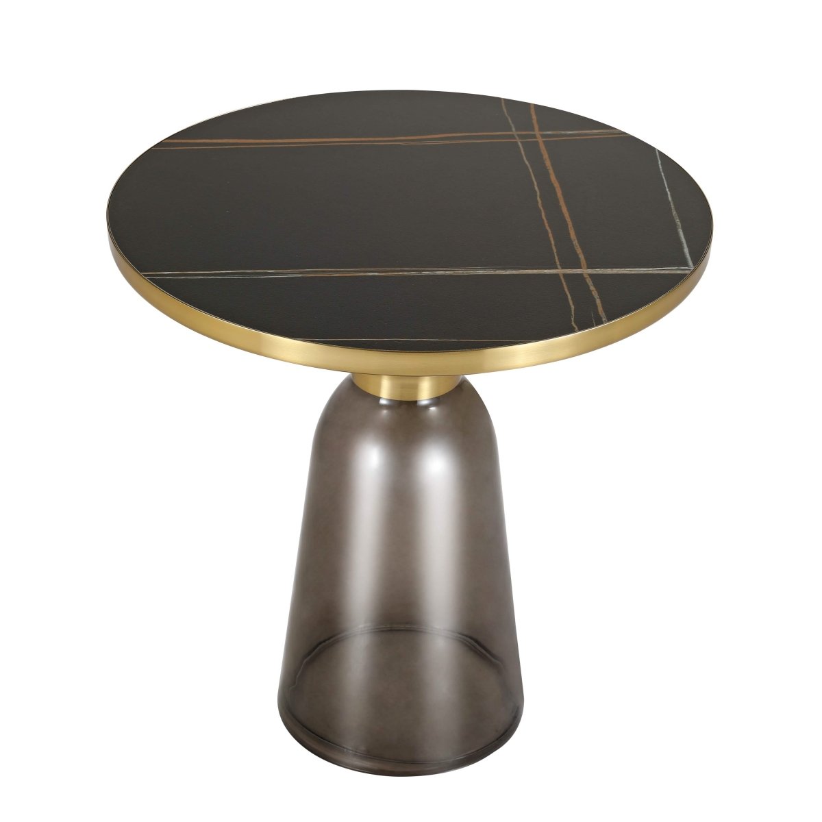 Tully 19 - Inch Round Glass/Stone Side Table with Iron Rim Frame and Glass Base