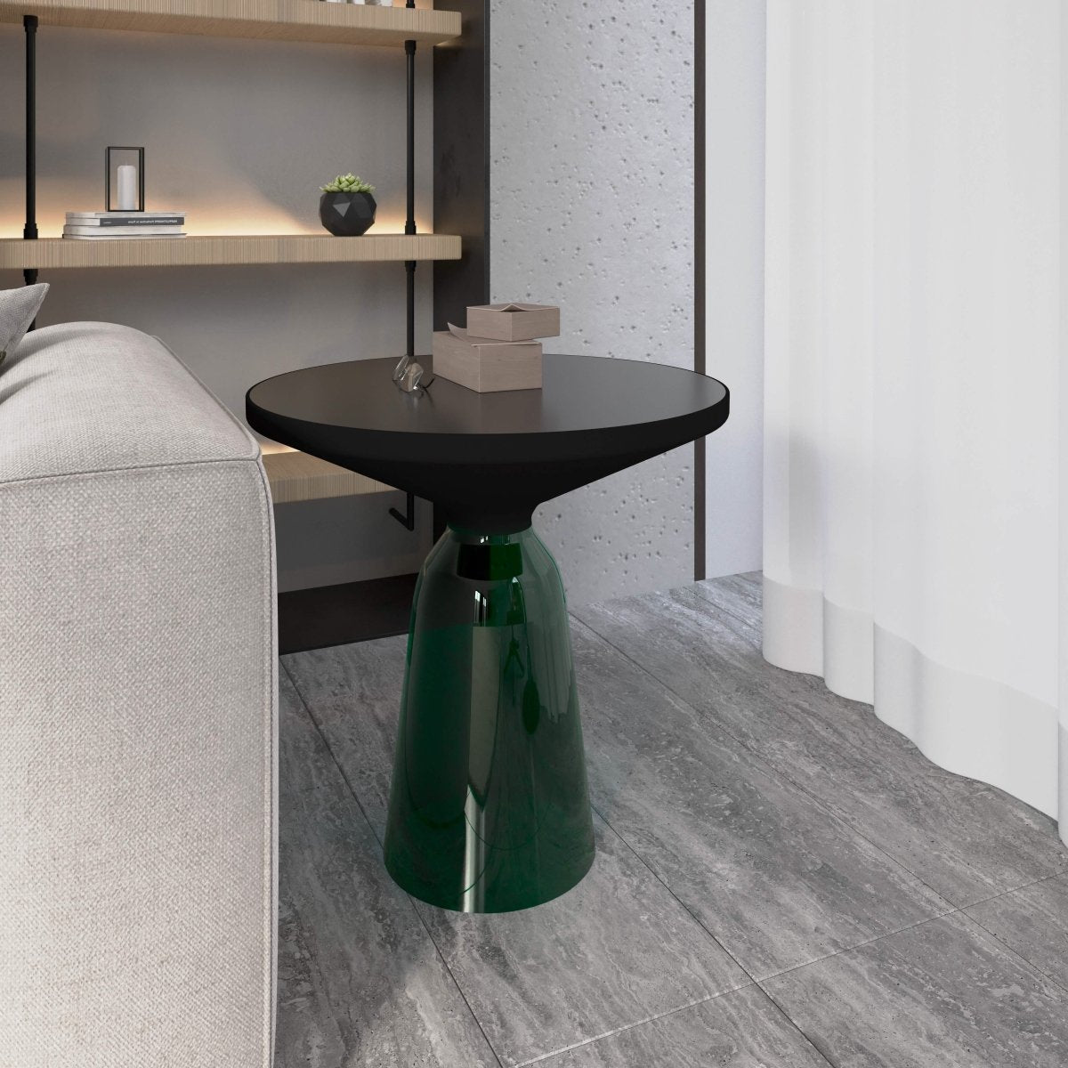 Tully 19 - Inch Round Glass/Stone Side Table with Iron Rim Frame and Glass Base