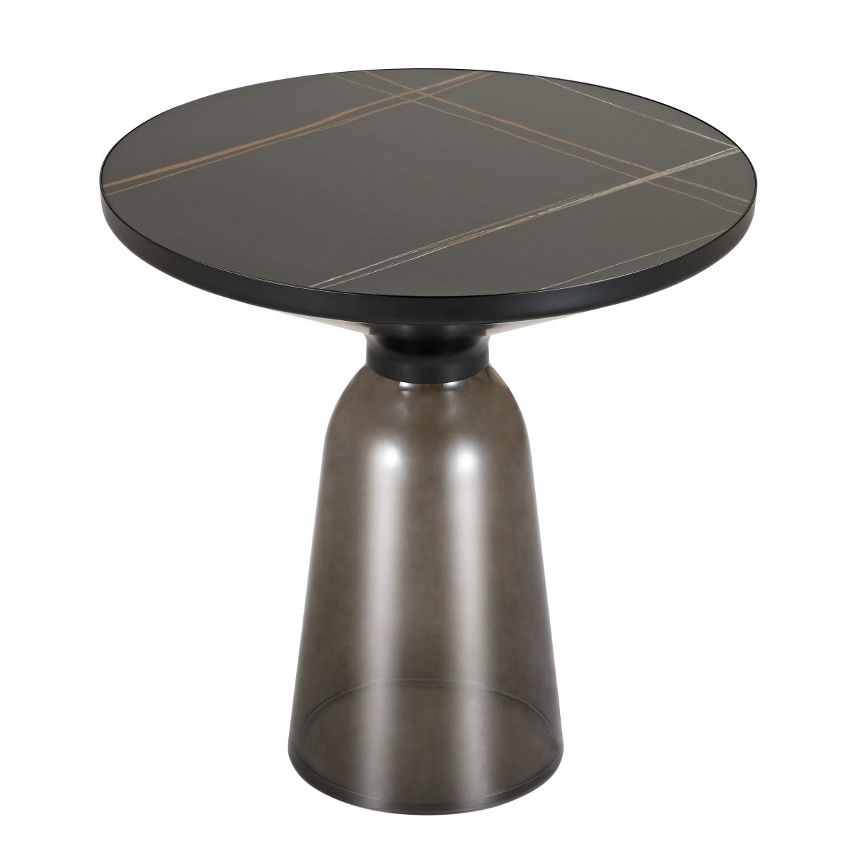 Tully 19 - Inch Round Glass/Stone Side Table with Iron Rim Frame and Glass Base