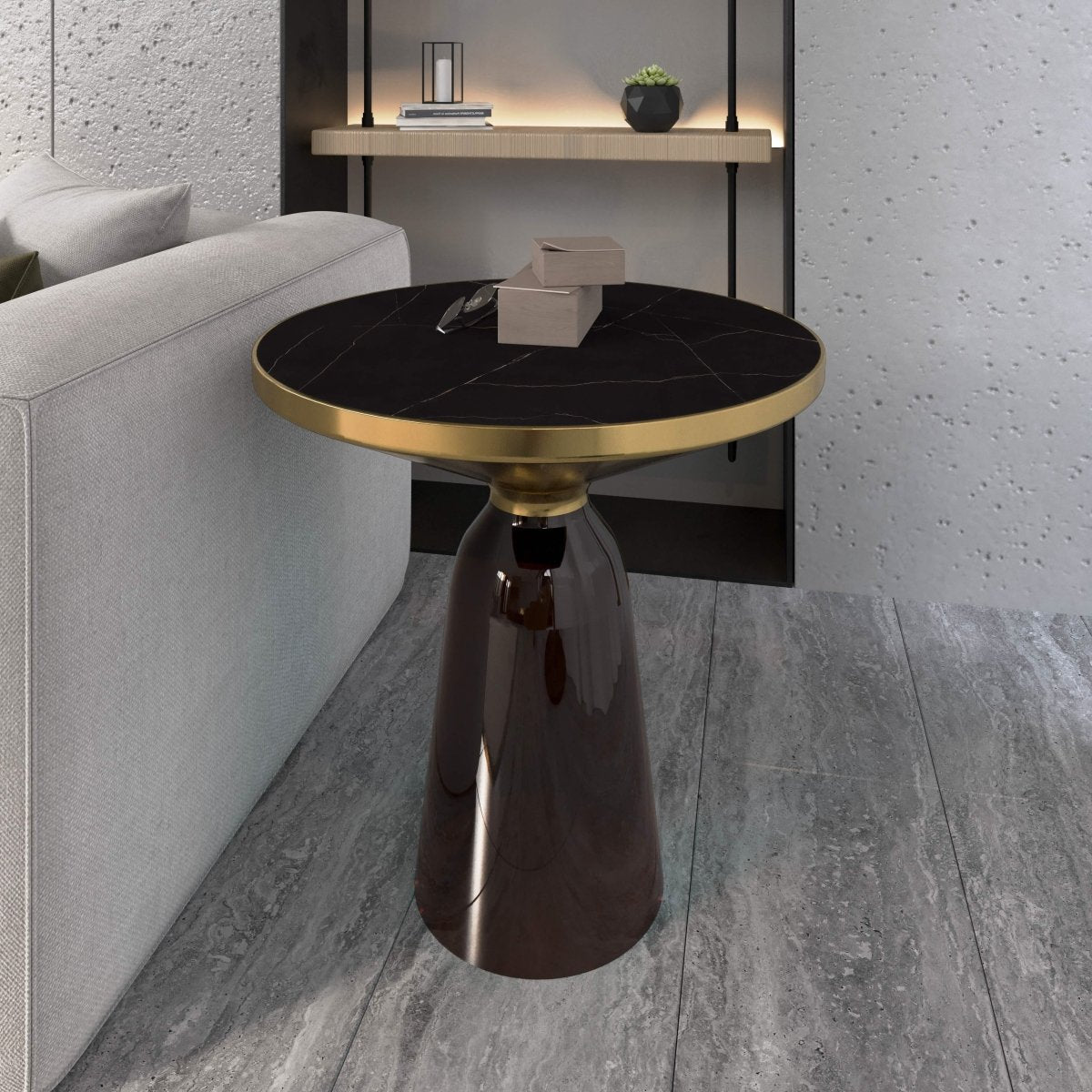Tully 19 - Inch Round Glass/Stone Side Table with Iron Rim Frame and Glass Base