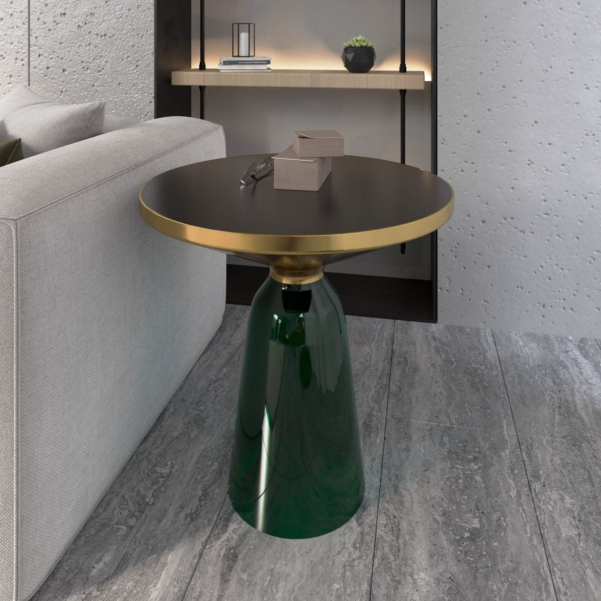 Tully 19 - Inch Round Glass/Stone Side Table with Iron Rim Frame and Glass Base