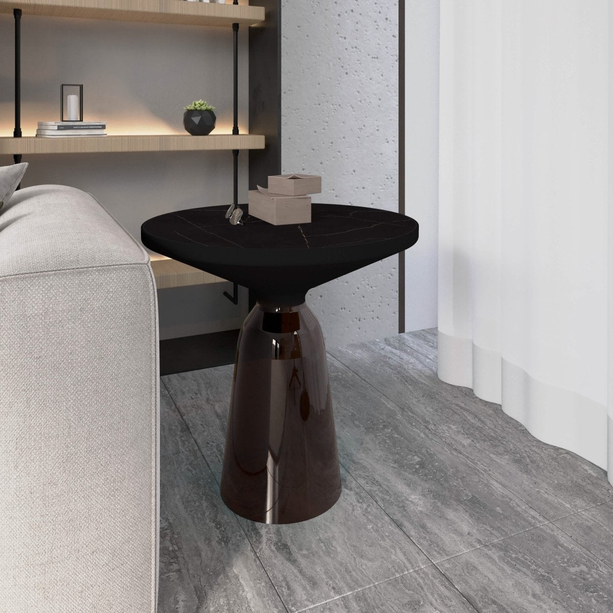 Tully 19 - Inch Round Glass/Stone Side Table with Iron Rim Frame and Glass Base