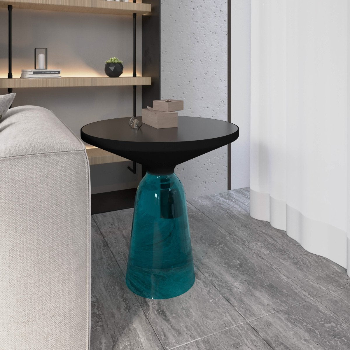 Tully 19 - Inch Round Glass/Stone Side Table with Iron Rim Frame and Glass Base