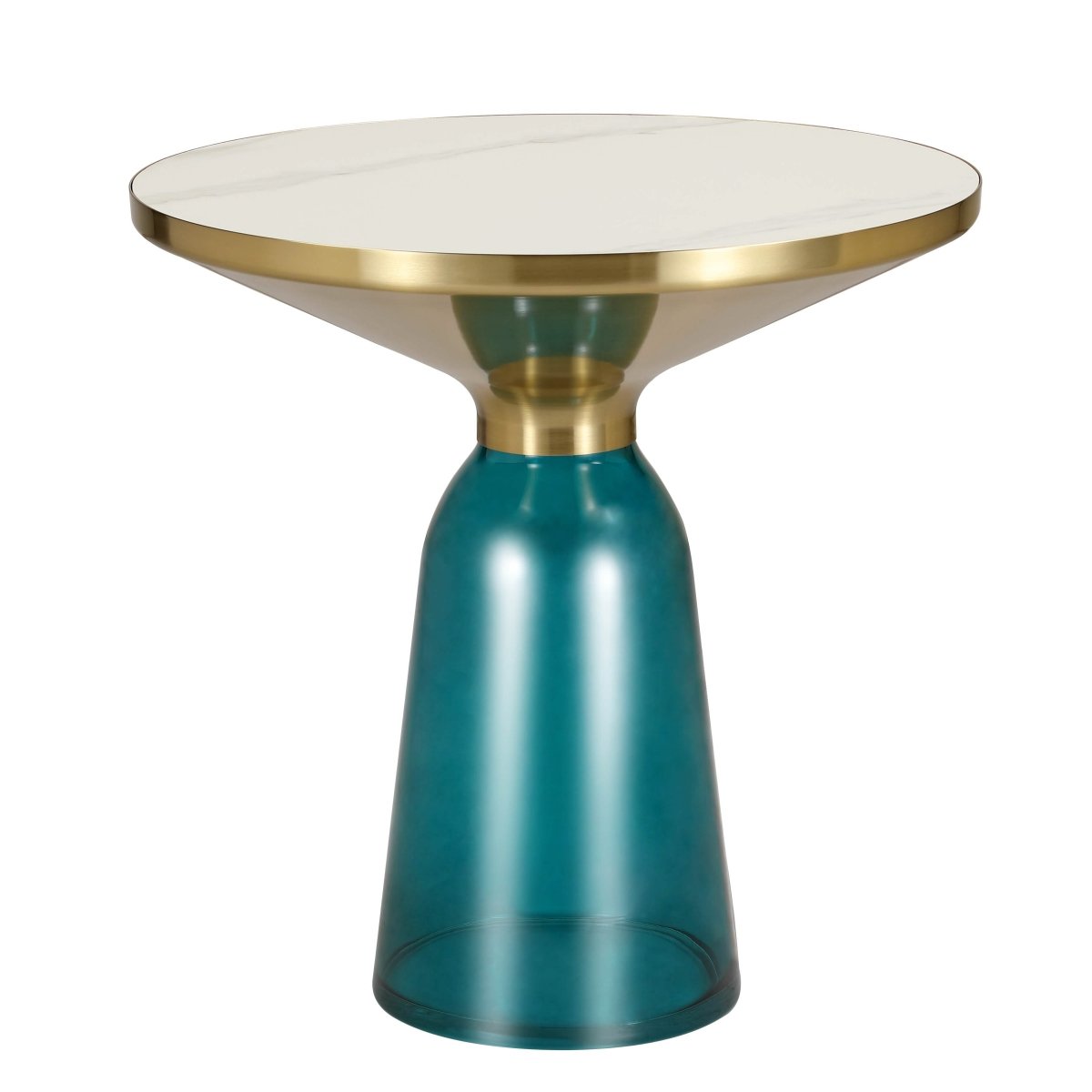 Tully 19 - Inch Round Glass/Stone Side Table with Iron Rim Frame and Glass Base