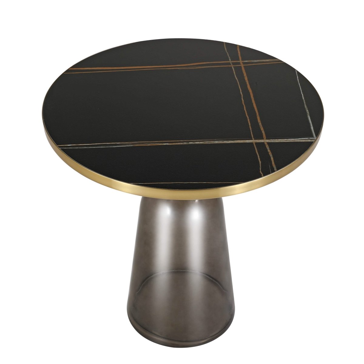 Tully 19 - Inch Round Glass/Stone Side Table with Iron Rim Frame and Glass Base
