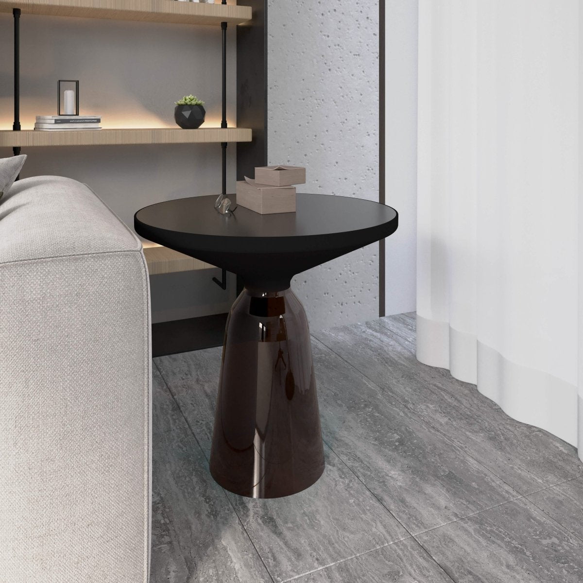 Tully 19 - Inch Round Glass/Stone Side Table with Iron Rim Frame and Glass Base