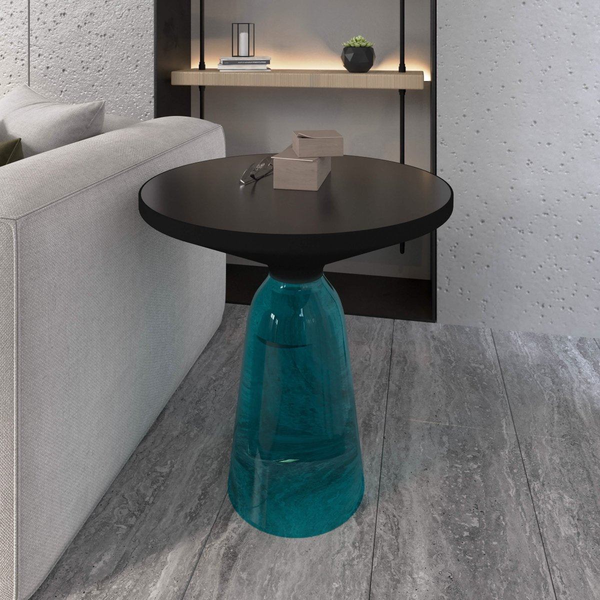Tully 19 - Inch Round Glass/Stone Side Table with Iron Rim Frame and Glass Base