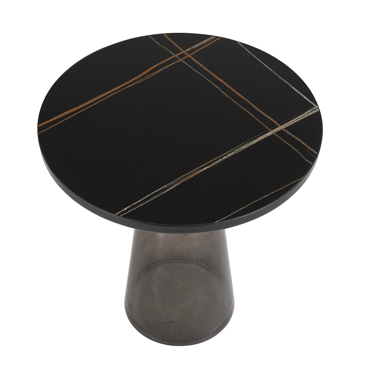 Tully 19 - Inch Round Glass/Stone Side Table with Iron Rim Frame and Glass Base