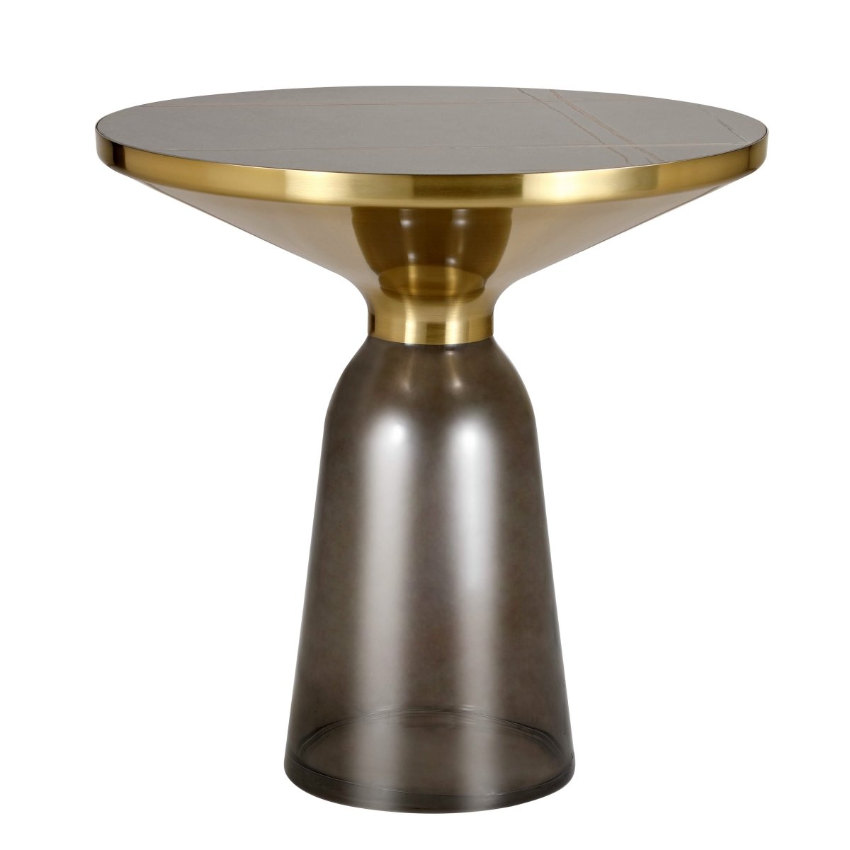 Tully 19 - Inch Round Glass/Stone Side Table with Iron Rim Frame and Glass Base