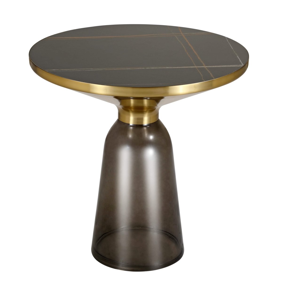 Tully 19 - Inch Round Glass/Stone Side Table with Iron Rim Frame and Glass Base